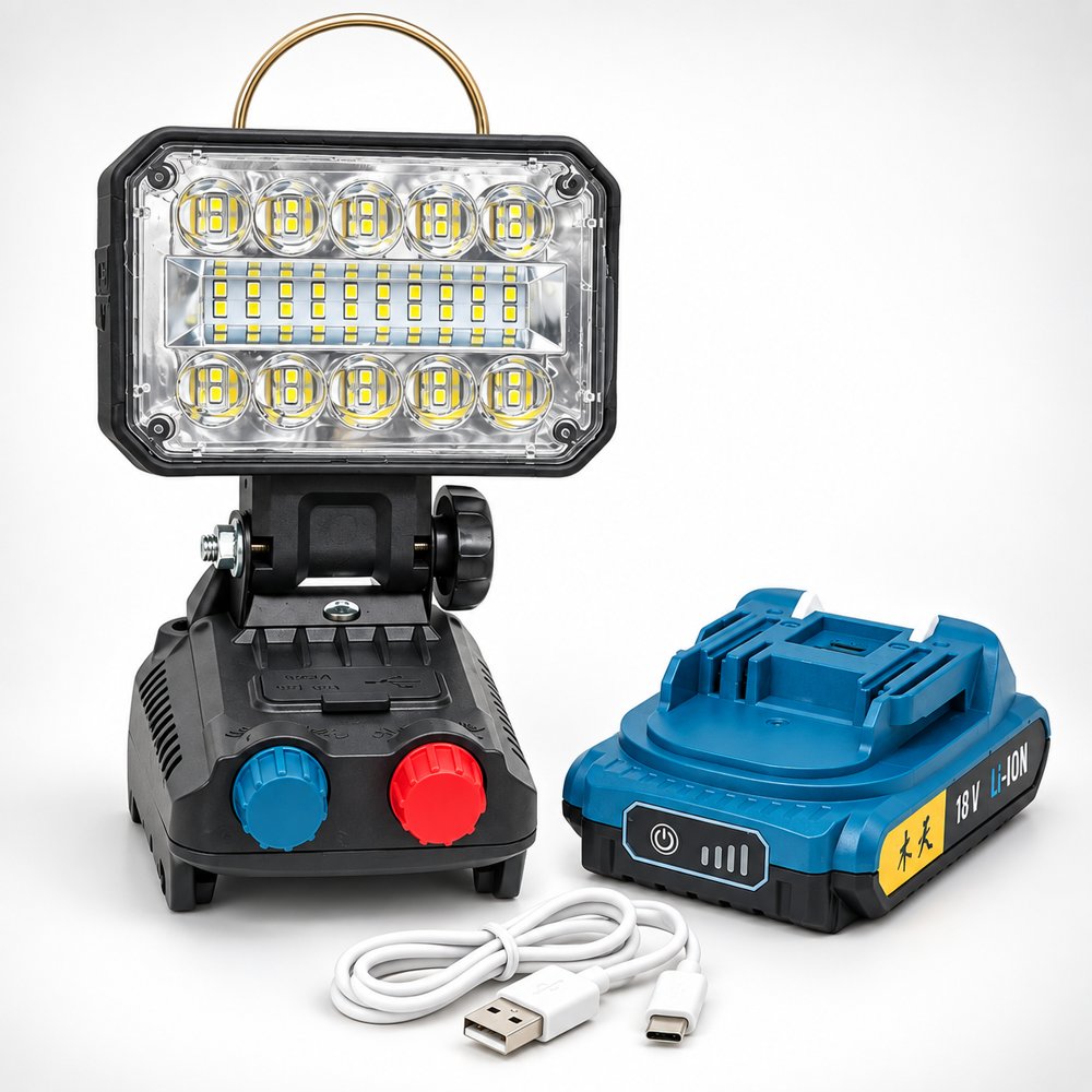 Переносний ліхтар-прожектор W8133, 40 LED(SMD), White+White Hot, 2 реостати(яскравість та відтінок), знімний акумулятор 18V, USB кабель, Box