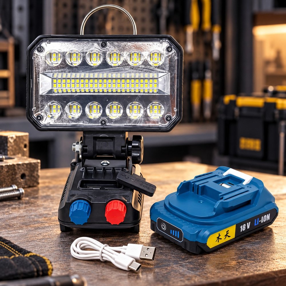 Переносний ліхтар-прожектор W8134, 70 LED(SMD), White+White Hot, 2 реостати(яскравість та відтінок), знімний акумулятор 18V, USB кабель, Box