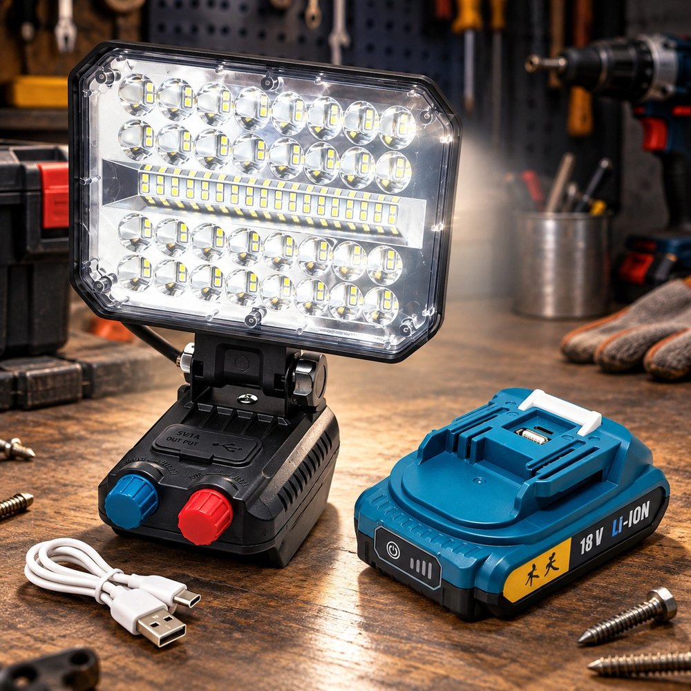 Переносний ліхтар-прожектор W8135, 100 LED(SMD), White+White Hot, 2 реостати(яскравість та відтінок), знімний акумулятор 18V, USB кабель, Box