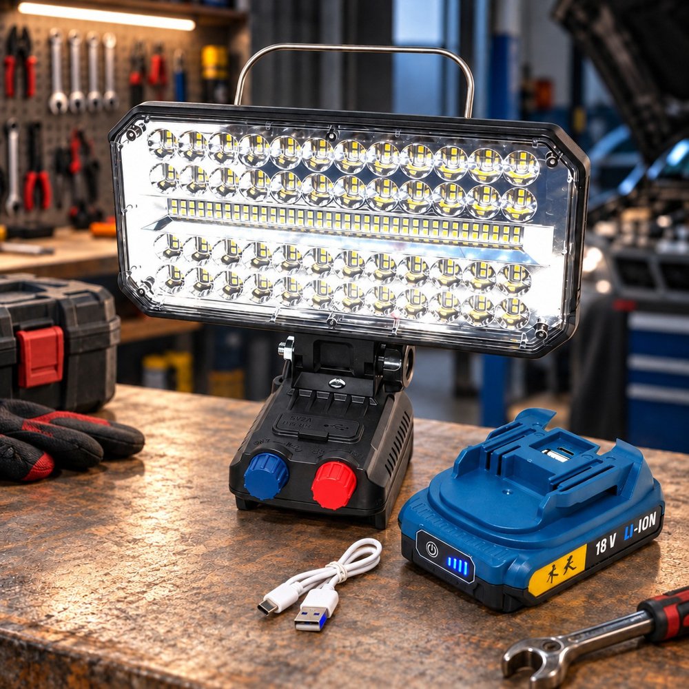 Переносний ліхтар-прожектор W8136, 170 LED(SMD), White+White Hot, 2 реостати(яскравість та відтінок), знімний акумулятор 18V, USB кабель, Box