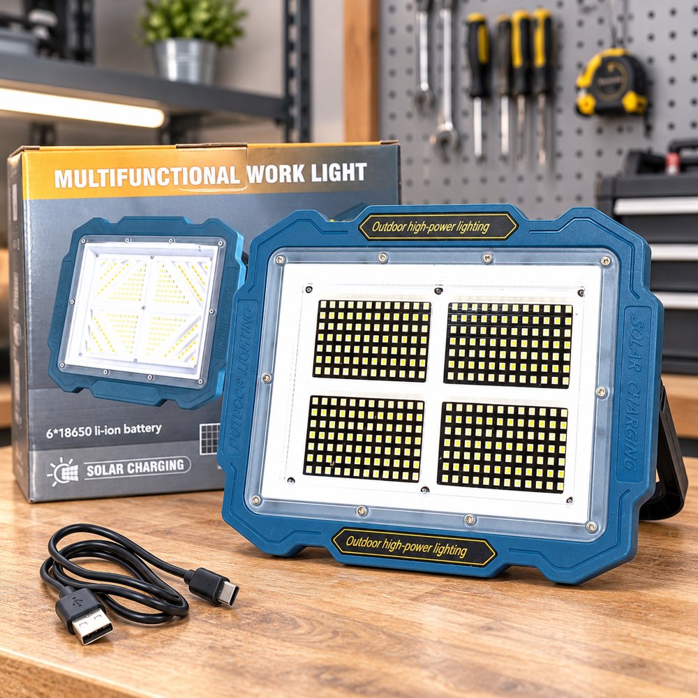 Переносний ліхтар-прожектор W8150-3+Solar, 336 LED(SMD), 6 режимів White+White Hot, акумулятор 7800mAh(знімні 6*18650), 250*200мм, USB кабель, Box